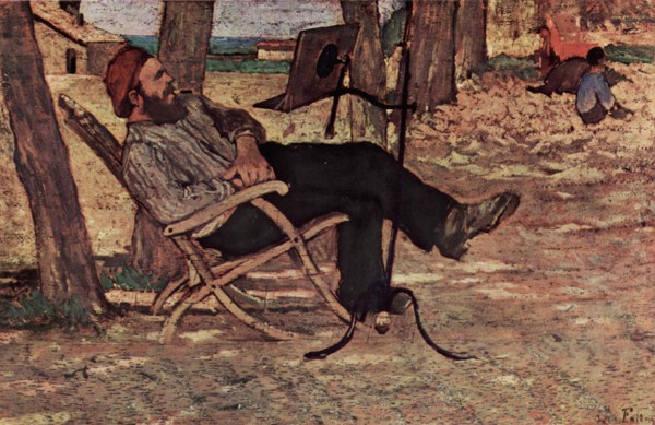 Painting by Giovanni Fattori illustrating article by Richard Klass about continuous representation. Shows a man leaning back leisurely in a chair as he reads a book mounted on a reading stand.